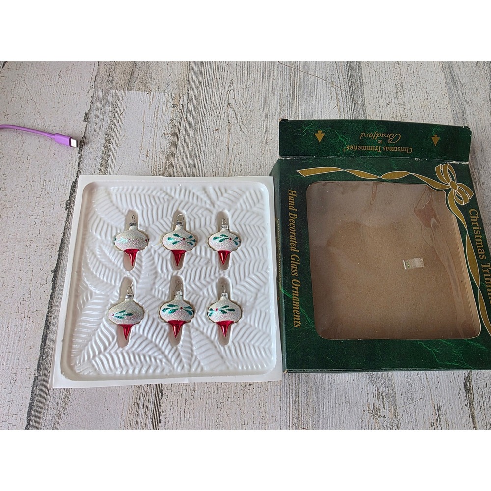 Vintage Bradford glitter teardrop mini glass ornament set Xmas tree